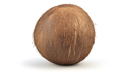 Realistic close-up of a whole coconut on a white background, showcasing its rough brown shell and slightly hairy texture with fine details