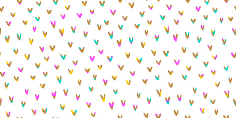 Irregular Romantic Seamless Pattern with Tiny Colorful Hearts on a White Background. Funny Infantile Repeatable Print with Hand Drawn Hearts. Cute Valentine's Day Pattern. Doodle Hearts.