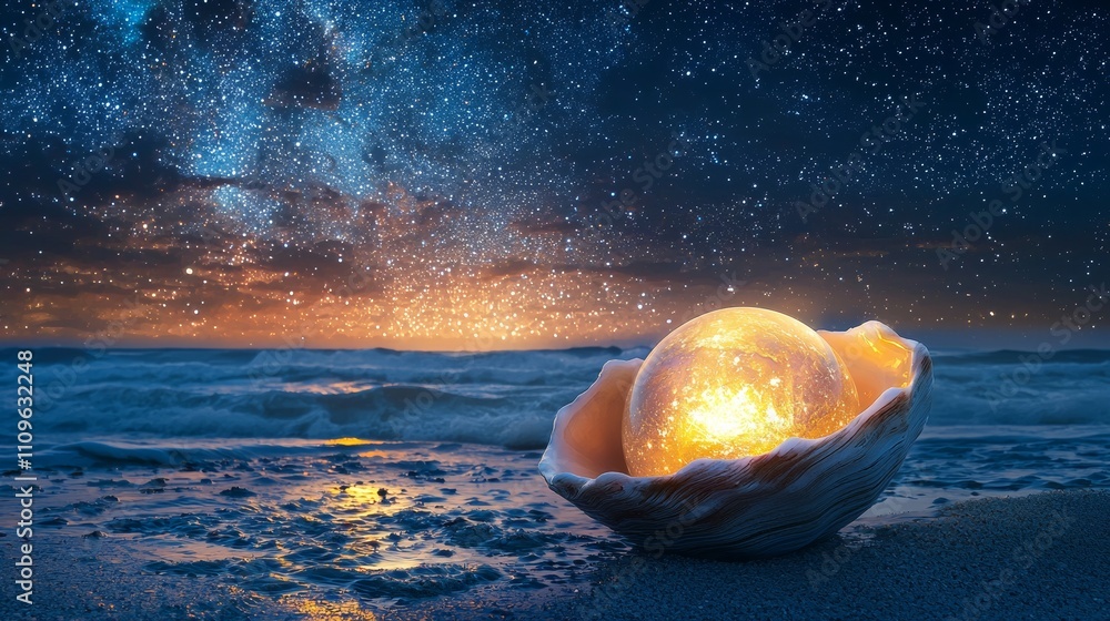 Poster a luminous pearl rests in an open shell on a serene beach under a starry night sky, creating a mysti