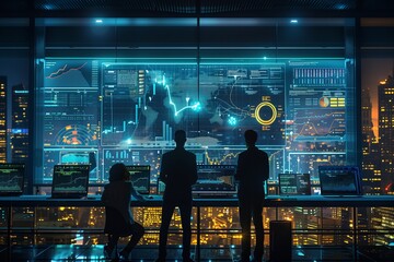 Silhouetted figures observe data analytics on a large screen in a high-tech environment.