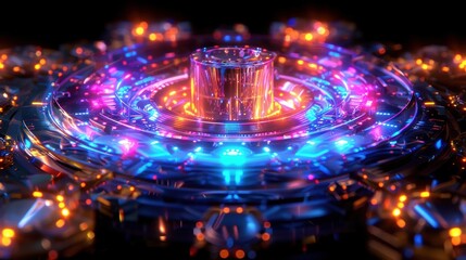 A vibrant, futuristic design featuring glowing lights and intricate patterns.