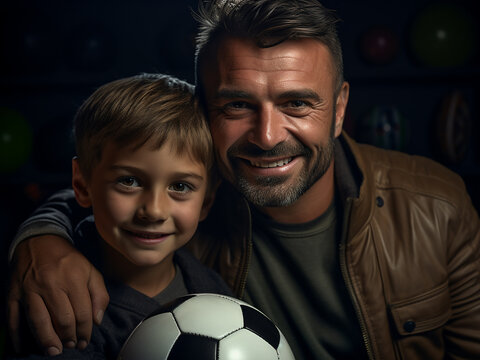 A little boy and his father holding a soccer ball on a field together