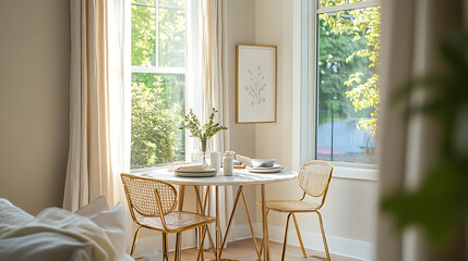 Obraz premium A table with two chairs and a vase of flowers in front of a window