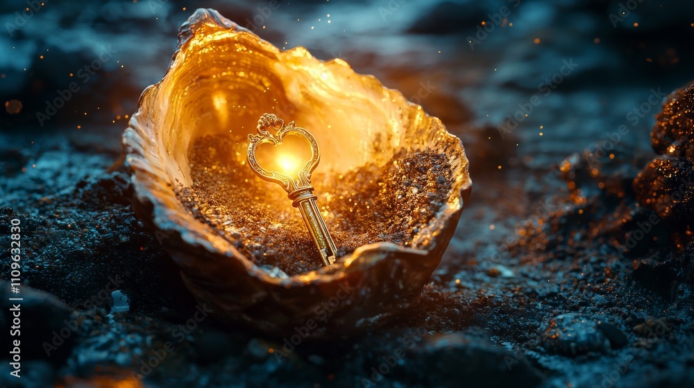 Aufkleber a luminous key rests inside a shimmering oyster shell, surrounded by sparkling droplets, creating a 