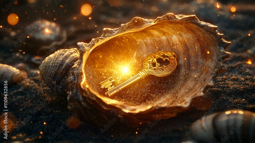Aufkleber a golden key rests inside a shiny oyster shell, illuminated by a soft glow, surrounded by seashells,