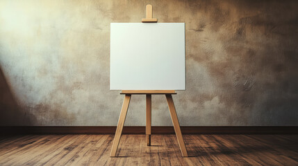 Blank white canvas on easel in simple room with soft light
