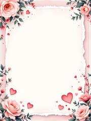 Obraz premium Valentine’s Day blank Floral Frame with Pink Roses and red hearts for Love Message.