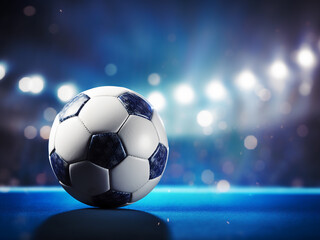Naklejka premium Soccer ball in goal with a white net and bokeh lights in the background