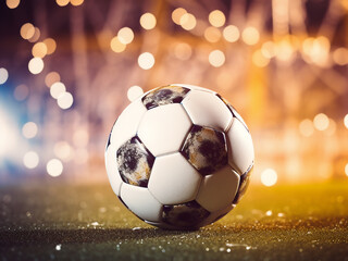 Fototapeta premium Soccer ball in the goal with white net and blurred bokeh light background