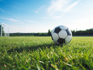 Fototapeta premium Soccer ball positioned on the field near the white line for a clear background