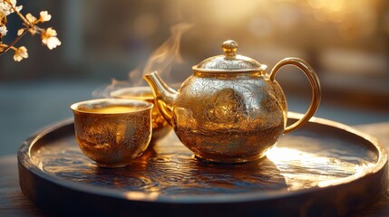 A golden teapot and cup on a tray, emitting steam in a warm, sunlit ambiance, evoking a serene tea time moment.