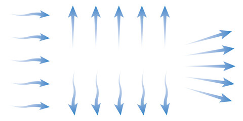 Air flow directions. Blue Icons with arrows. Vector illustration. 