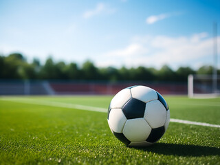 Soccer ball positioned on a football field marking line