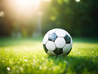 Fototapeta premium Soccer ball resting on the grass in a soccer stadium with background focus