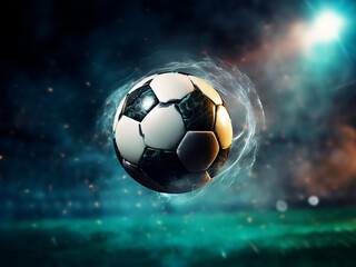Fototapeta premium Soccer ball inside the net of a soccer goal in 3D illustration