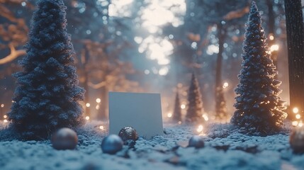 Fototapeta premium A blank white greeting card mockup with Christmas trees and snow in the background. 