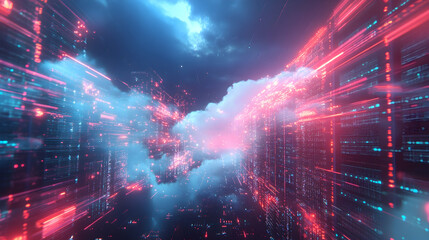Obraz premium A glowing pink and blue cloud surrounded by digital trails, symbolizing futuristic data streams and cloud technology.