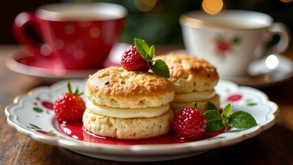 Elegant British tea set with scones, clotted cream, and jam, Christmas decor