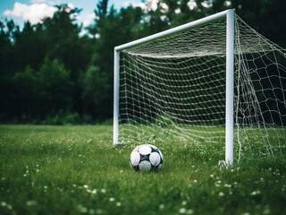 White football net stands on the green grass field ready for action