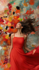 Portrait of woman in flowing red dress against vibrant abstract background