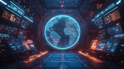 Futuristic control room with holographic Earth globe.