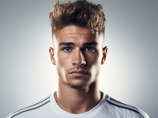 Fototapeta premium Young football player posing in action on white background