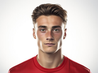 Fototapeta premium Young soccer player standing isolated against a white background