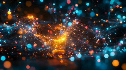 Fototapeta premium A mesmerizing digital vortex with glowing orange streams and sparkling particles flowing dynamically.