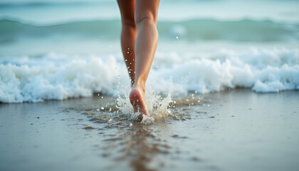 Fototapeta premium Barefoot woman walking on sandy beach with ocean waves