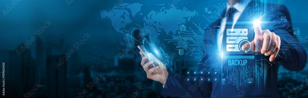 Poster backup. businessman touch a circuit board backup systems global network connection security analysis