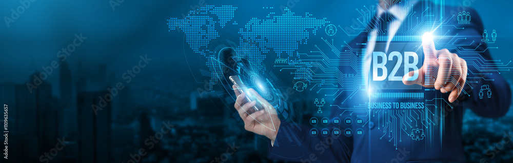 Poster businessman touch a circuit board b2b business-to-business digital transformation global network inn