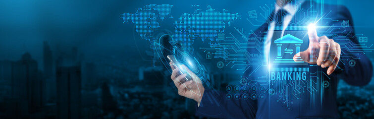 Businessman touch a circuit board Banking digital technology global network finance strategy investment development banking solutions modern growth innovation economy business success expansion.