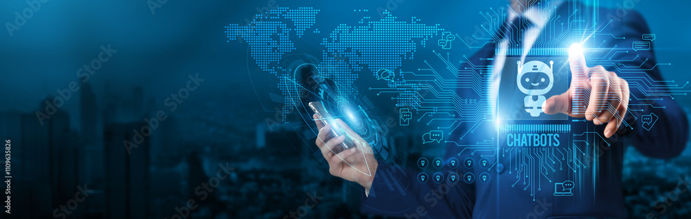 Poster chatbots. businessman touch a circuit board chatbots technology global network innovation progress d