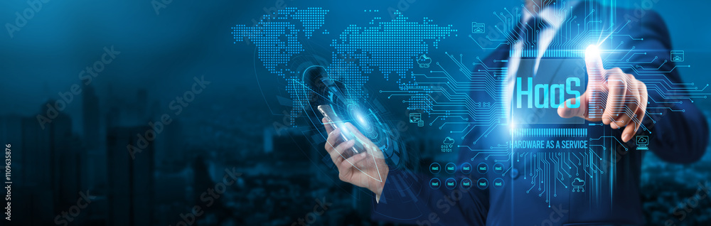 Poster hardware as a service. businessman touch a circuit board haas enables global network flexibility by 