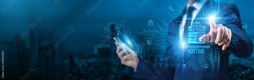 Aufkleber hosting. businessman touch a circuit board hosting improves global network connectivity by providing