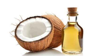 Realistic display of whole coconut and coconut oil bottle side by side on a white background