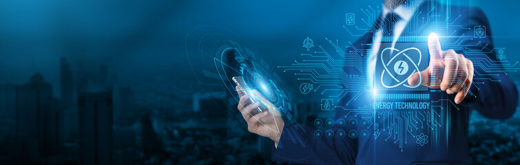 Energy technology. Businessman touch a circuit board energy technology advances global network integration by facilitating the deployment of renewable resources, enhancing sustainability, efficiency.