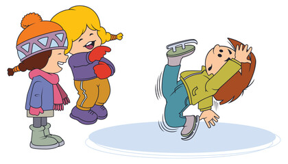 Boy slips skates girls laugh.