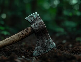 Rusted axe embedded in forest floor