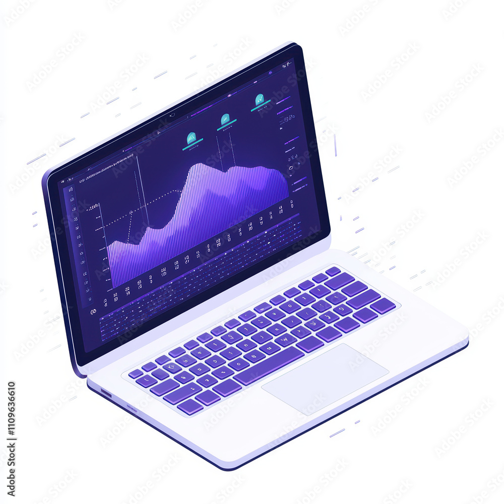Poster modern laptop displaying data visualizations and statistics, showcasing vibrant graphs and charts. t