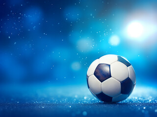Naklejka premium 3D rendered football on a blue bokeh gradient background with room for text