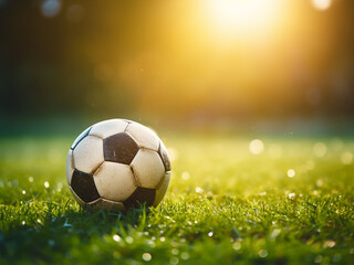 Naklejka premium Ball on green grass field for a soccer match under sunset light and rain with empty space