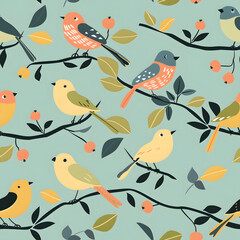 Fototapeta premium Cute Birds on Branches Seamless Pattern