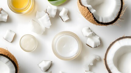 Realistic close-up of coconut oil-infused beauty products (lip balm, moisturizer) on a white background, emphasizing their texture and ingredient transparency