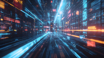 Fototapeta premium A high-speed digital highway with bright blue and orange neon lights, representing data flow in a futuristic city.