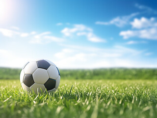 Soccer ball lying on green grass with a bright sky in the background in 3D rendering