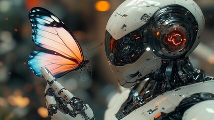 High-Tech Futuristic Robot with Delicate Blue and Pink Butterfly on Its Finger,最先端技術のロボットが青とピンクの繊細な蝶を指先に留める.Generative AI