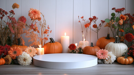 A minimalistic setup featuring a white circular base surrounded by pumpkins and autumn flowers with candles in a cozy arrangement