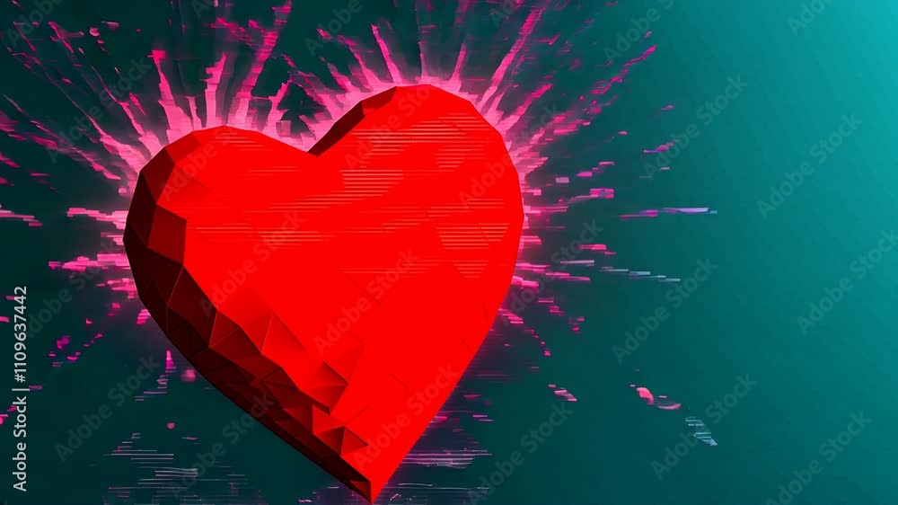 Poster 3d animation of a pixelated red heart bursting into glowing particles.