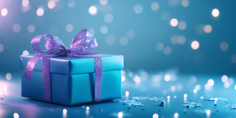glowing gift box with sparkling ribbon on festive background.